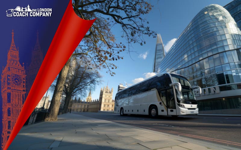 Modern and comfortable London coach hire for group travel, London, UK, July 2024