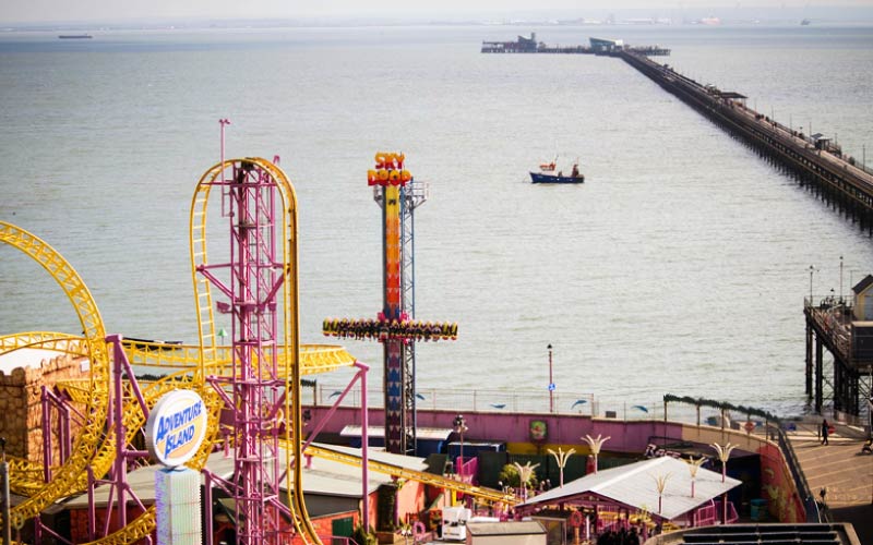 View of Southend Pier, the world's longest pleasure pier, extending into the Thames Estuary.