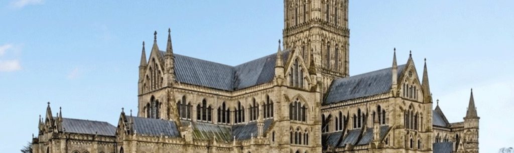 banner Salisbury Cathedral Gothic architecture with tallest spire in UK