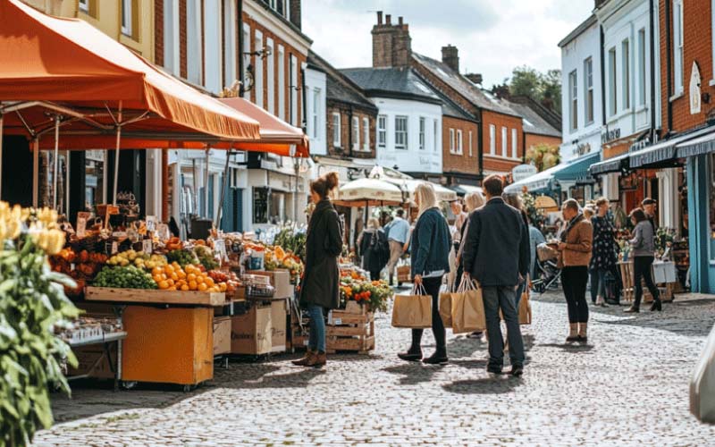 Saffron Walden's scenic market square on a sunny busy market day.