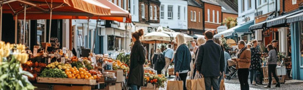 banner Saffron Walden's scenic market square on a sunny busy market day.