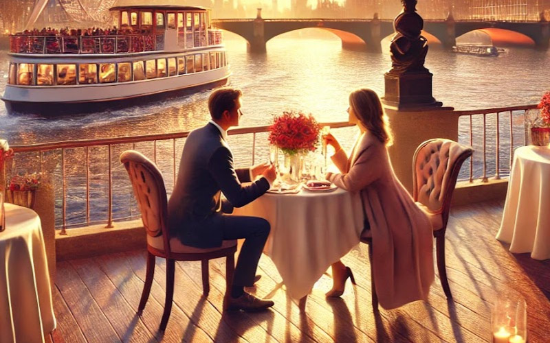 Romantic couple on a Thames River cruise with iconic London landmarks like the London Eye and Tower Bridge at sunset.