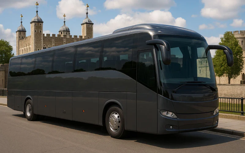 A sleek executive coach from The London Coach Company parked near the Tower of London, ready for group travel.