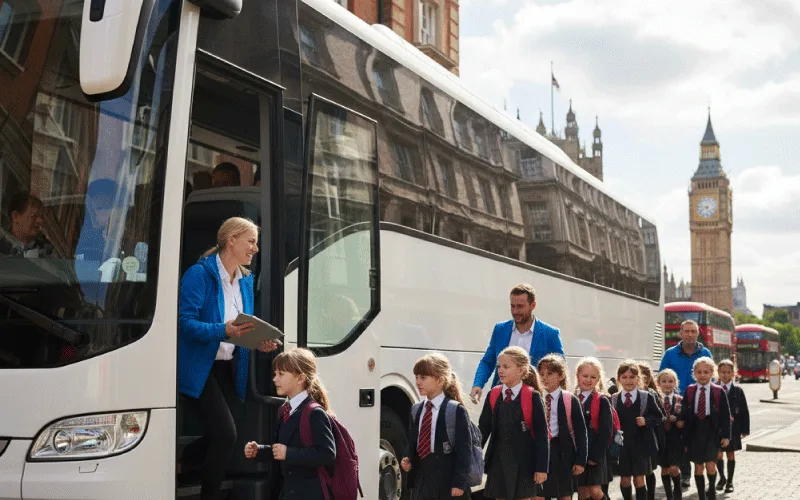 London school children boarding a modern coach for a field trip