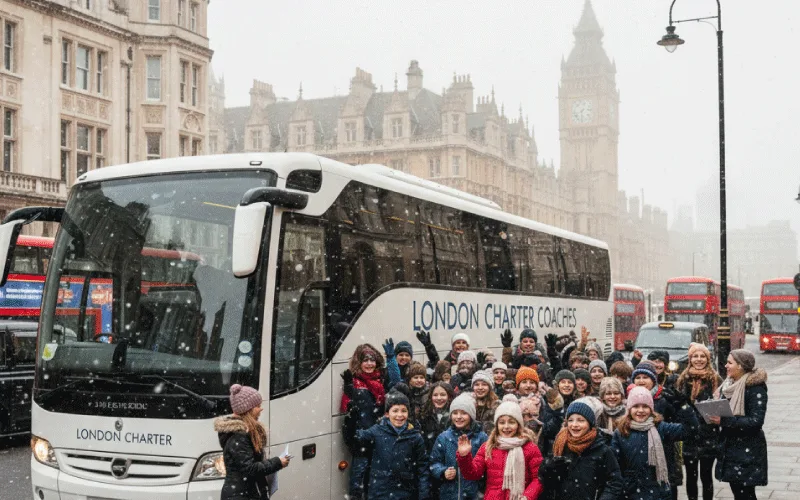 Schoolchildren traveling comfortably on a London coach in winter.