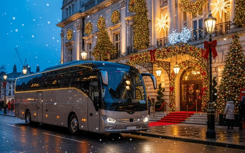 Executive coach parked outside a London event venue during the festive season