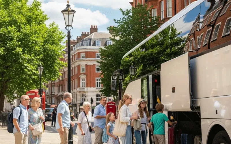 Family group travelling together by coach for a summer holiday