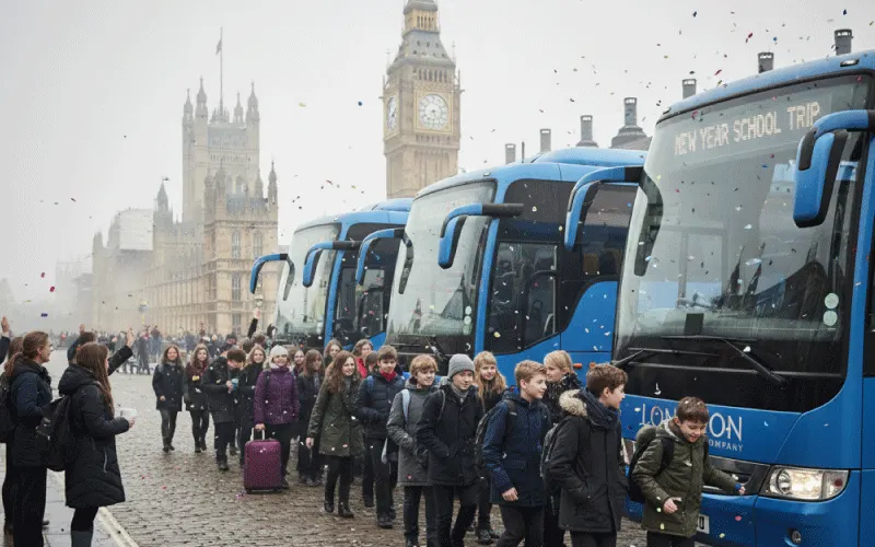 Students boarding a London Coach Company bus for a New Year school trip