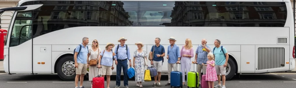 Family group travelling together by coach for a summer holiday