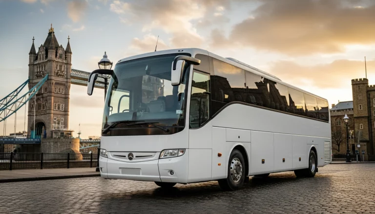 Corporate team boarding a London coach hire shuttle