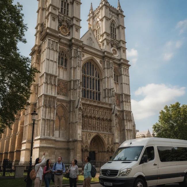 A detailed view of the ornate Gothic architecture and intricate carvings on the exterior of Westminster Abbey.