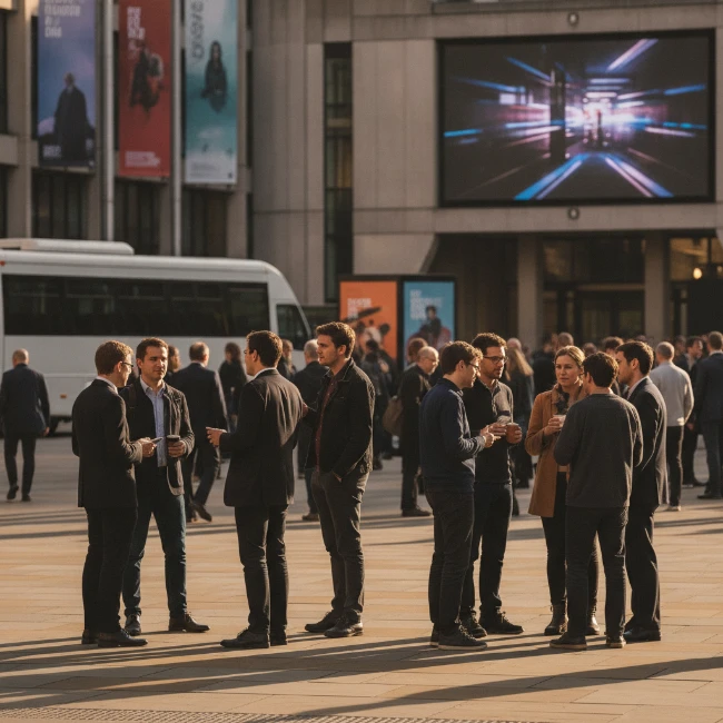 Attendees socialising outside a BFI London Film Festival venue at the Southbank Centre.