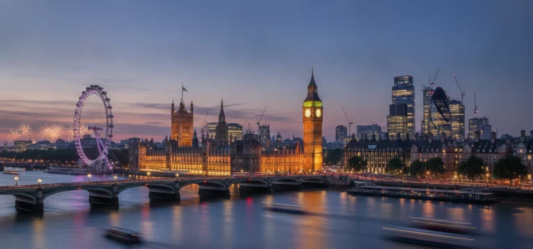 London skyline at dusk, with the River Thames and city lights.