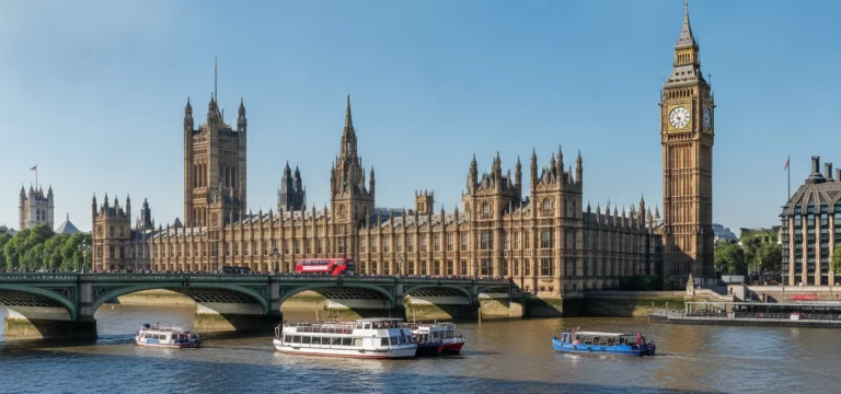 The Houses of Parliament building on the bank of the River Thames in London under a clear sky.