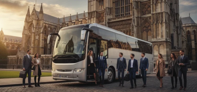A modern coach parked near the grand Gothic facade of Westminster Abbey, with passengers disembarking for a group visit.