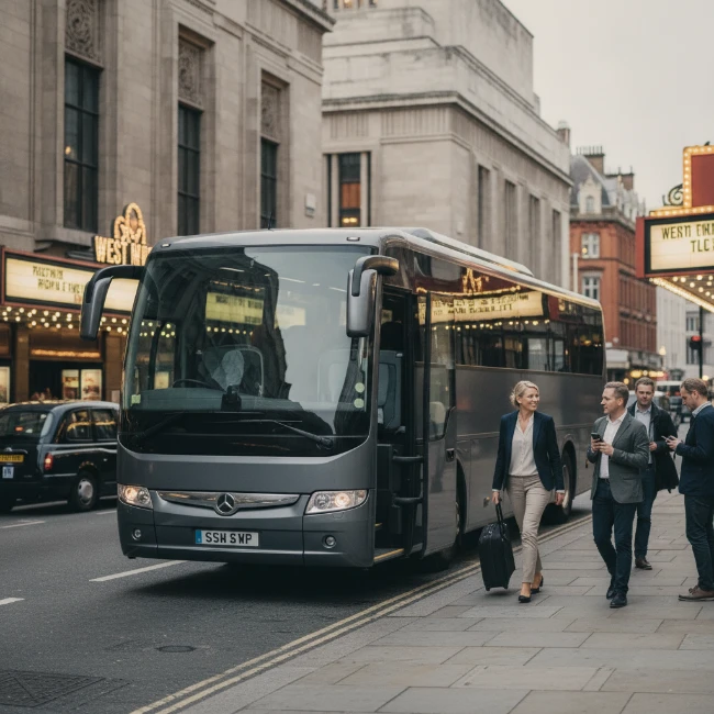 A modern coach parked on a London street, offering convenient access to event venues.