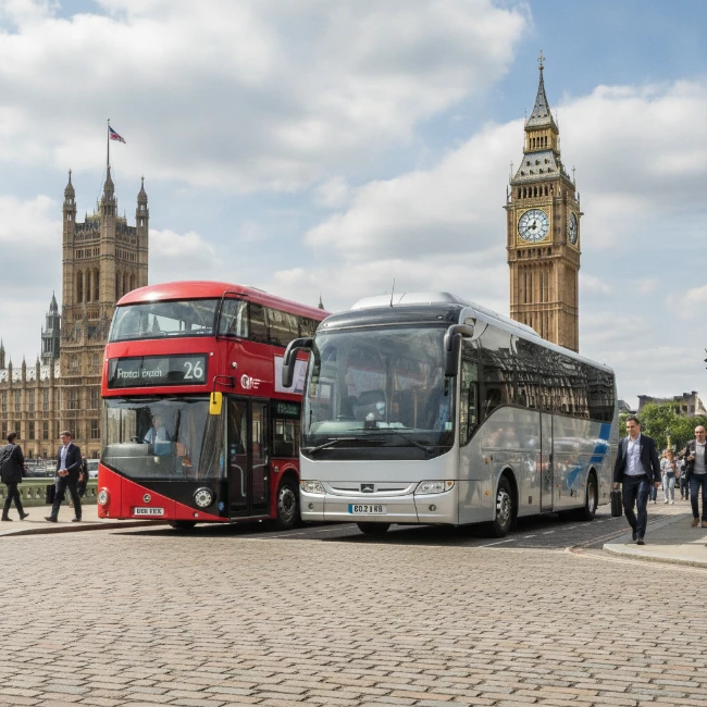 A London street scene with iconic red buses and a coach parked near the Houses of Parliament, with Big Ben tower in the distance.