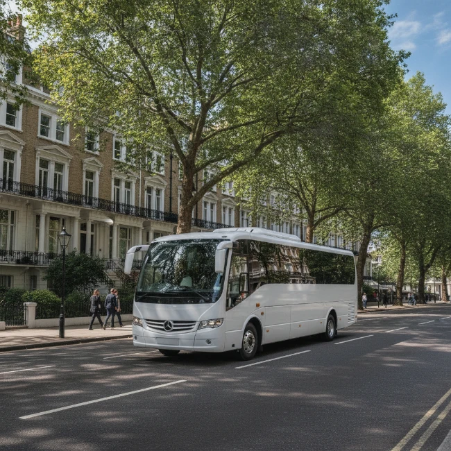 A sleek coach driving through the elegant streets of South Kensington, near the V&A Museum, on a clear day.