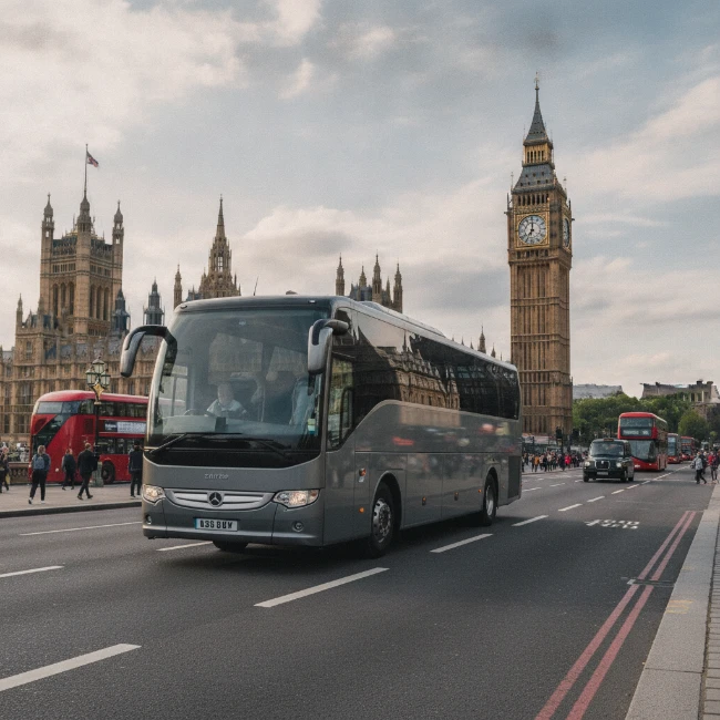 A sleek coach from The London Coach Company driving past the Houses of Parliament in central London, near Westminster Abbey.