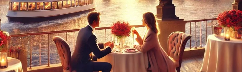 Banner Romantic couple on a Thames River cruise with iconic London landmarks like the London Eye and Tower Bridge at sunset.